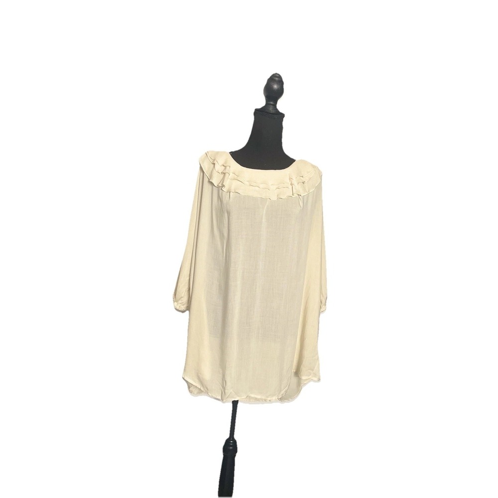 Chelsea Studio Women's 1X Cream Boho Tunic Blouse Ruffle Collar Long Sleeve Rayo